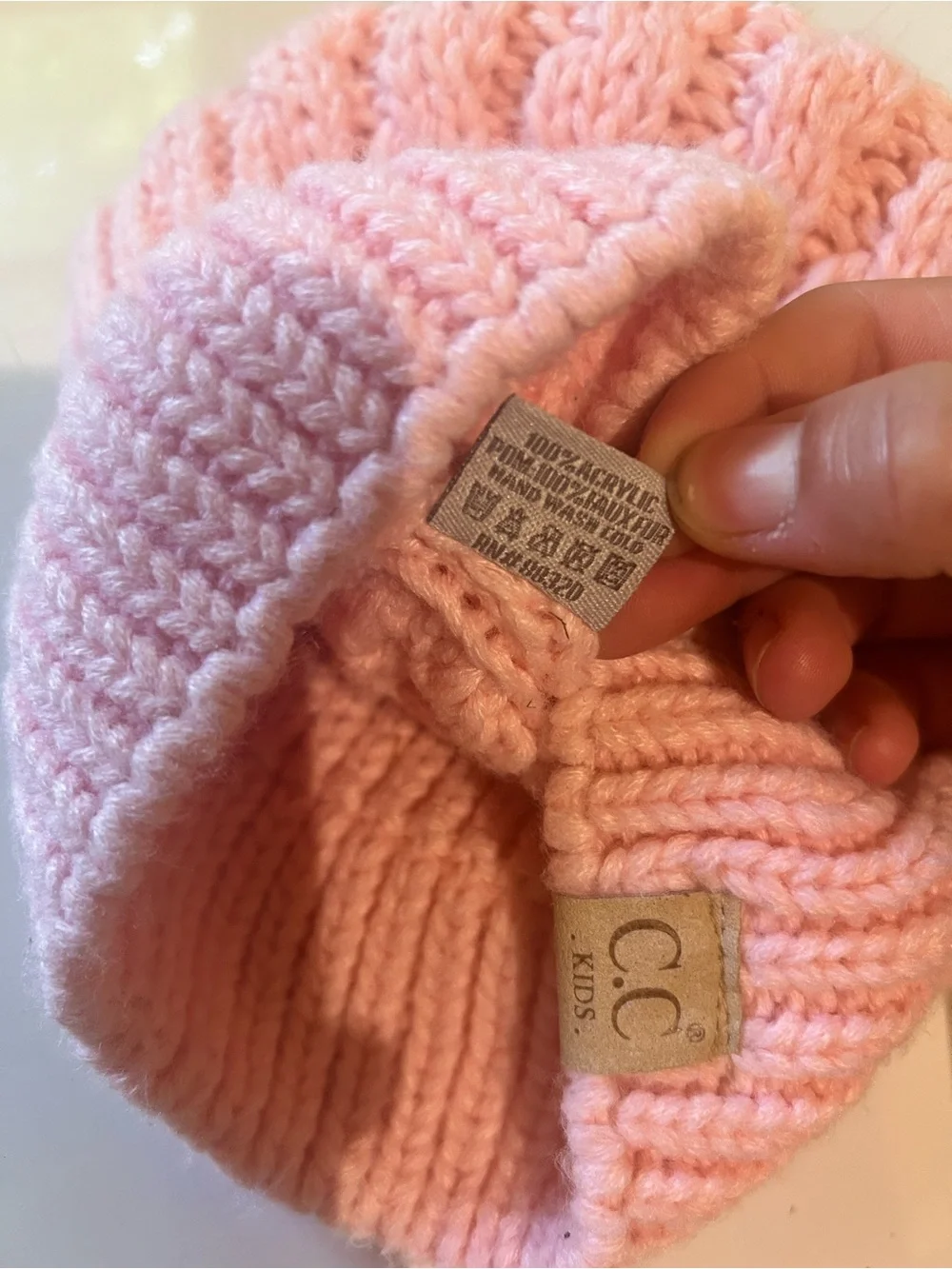 C.C Kids Light Pink Cable Knit Hat with Faux Fur Double Poms